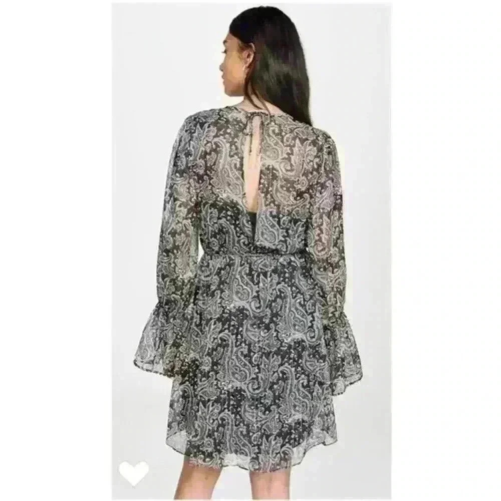 NWT $398 Joie Manning Metallic Paisley Paisley Bell Sleeve Chiffon Dress Large - Picture 4 of 4